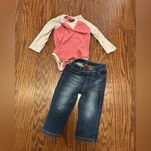 7 For All Mankind Red and Gray Long Sleeve Onesie with Blue Jeans